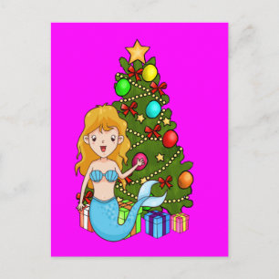 Blue Mermaid and Christmas Tree Holiday Postcard
