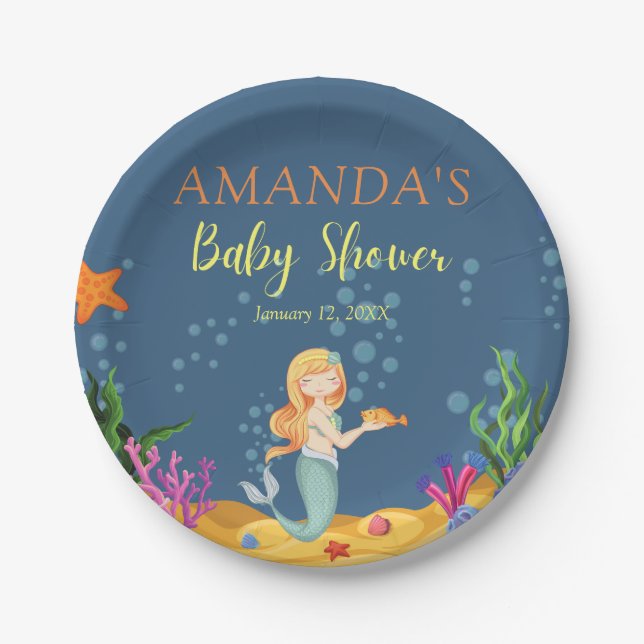 Blue Mermaid Baby Shower Paper Plates (Front)