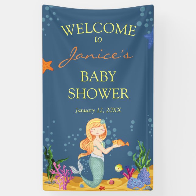 Blue Mermaid Baby Shower Welcome Sign Banner (Vertical)