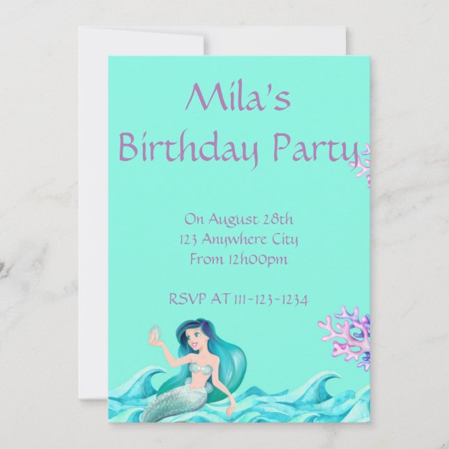 Blue Mermaid birthday invitation  (Front)