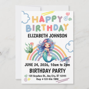 Blue Mermaid Birthday Party Invitation in White