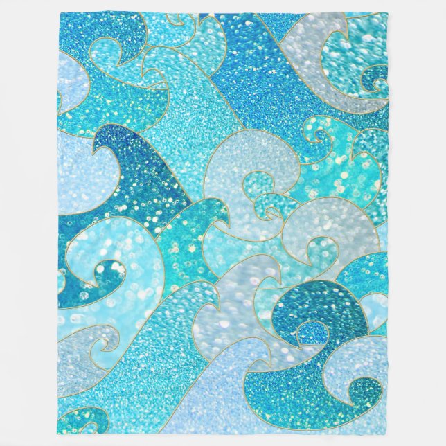 Blue Mermaid Faux Glitter Sea- Teal Gold Ocean Fleece Blanket (Front)