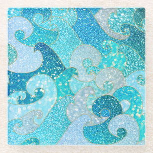 Blue Mermaid Faux Glitter Sea- Teal Gold Ocean Glass Coaster