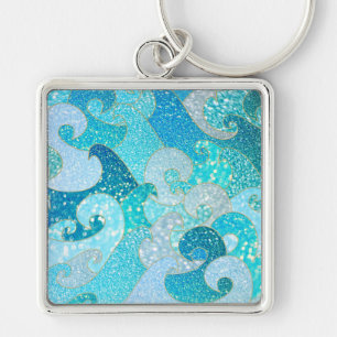 Blue Mermaid Faux Glitter Sea- Teal Gold Ocean Key Ring