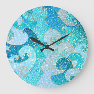 Blue Mermaid Faux Glitter Sea- Teal Gold Ocean Large Clock