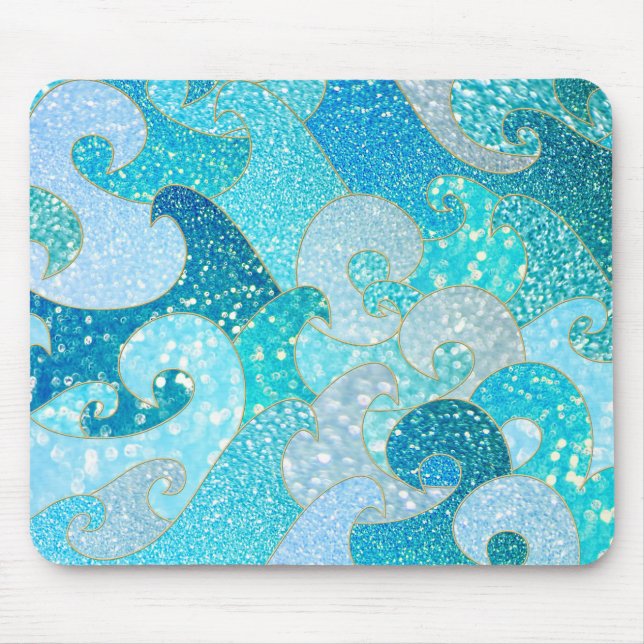Blue Mermaid Faux Glitter Sea- Teal Gold Ocean Mouse Mat (Front)