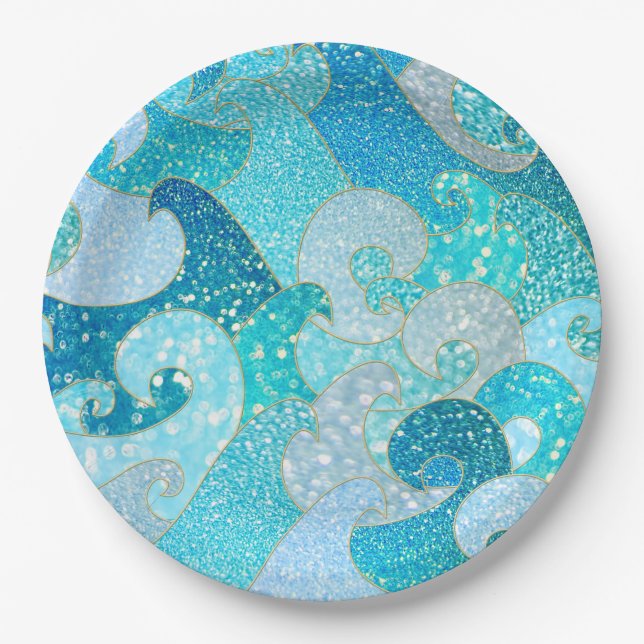 Blue Mermaid Faux Glitter Sea- Teal Gold Ocean Paper Plate (Front)
