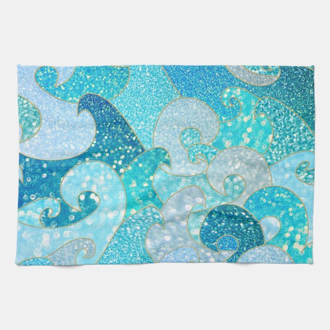 Blue Mermaid Faux Glitter Sea- Teal Gold Ocean Tea Towel (Horizontal)