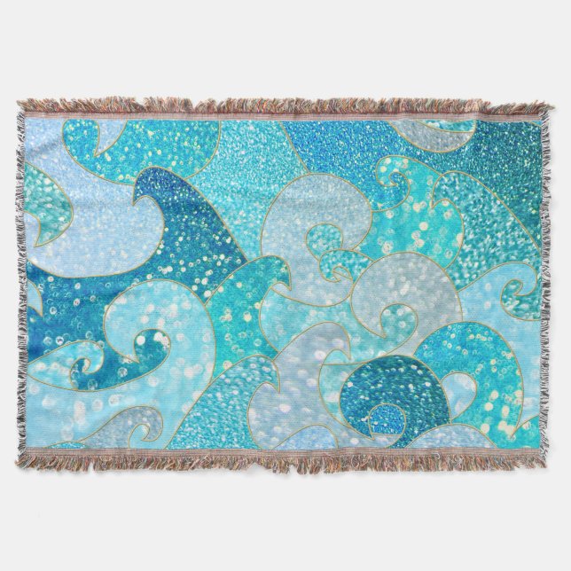 Blue Mermaid Faux Glitter Sea- Teal Gold Ocean Throw Blanket (Front)