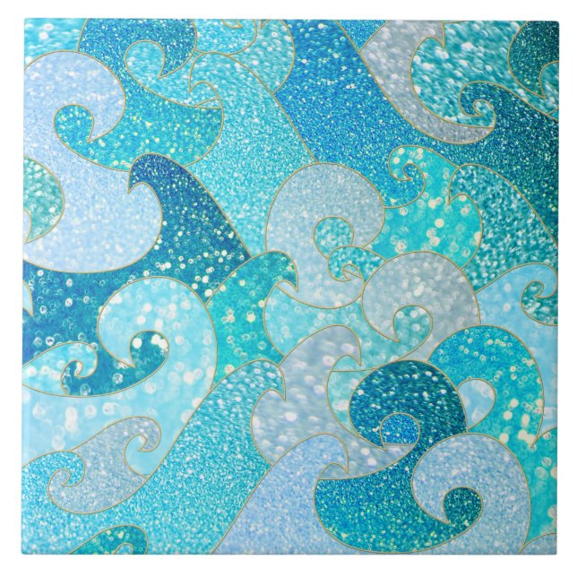 Blue Mermaid Faux Glitter Sea- Teal Gold Ocean Tile (Front)