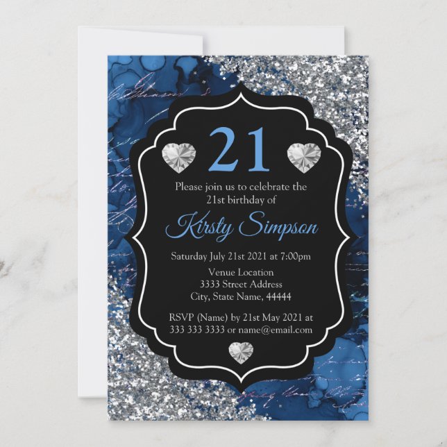 Blue Mermaid Handwriting Letters Silver Glitter Invitation (Front)
