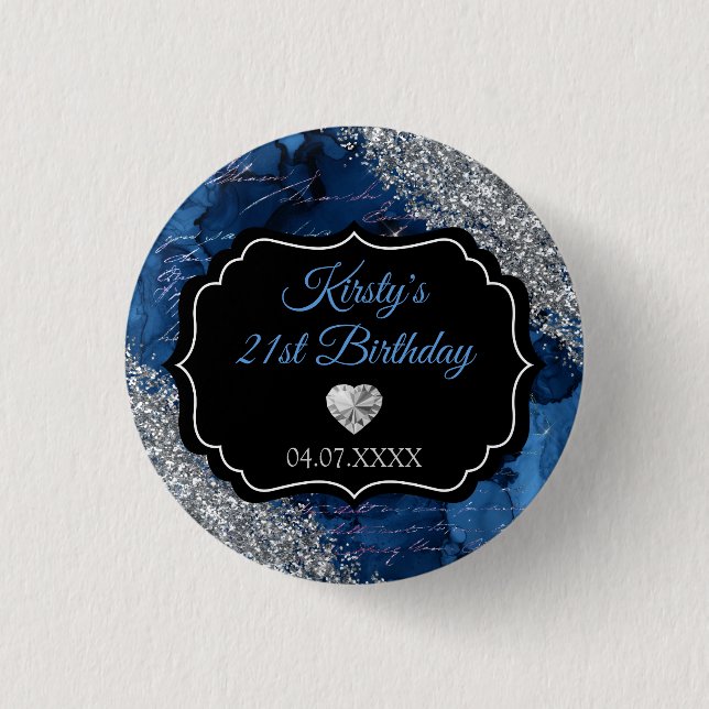 Blue Mermaid Letters Silver Glitter Birthday 3 Cm Round Badge (Front)