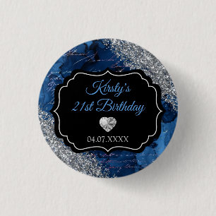 Blue Mermaid Letters Silver Glitter Birthday 3 Cm Round Badge