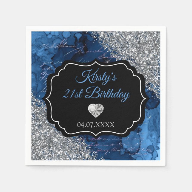 Blue Mermaid Letters Silver Glitter Birthday Napkin (Front)