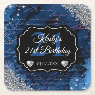 Blue Mermaid Letters & Silver Glitter Birthday Square Paper Coaster