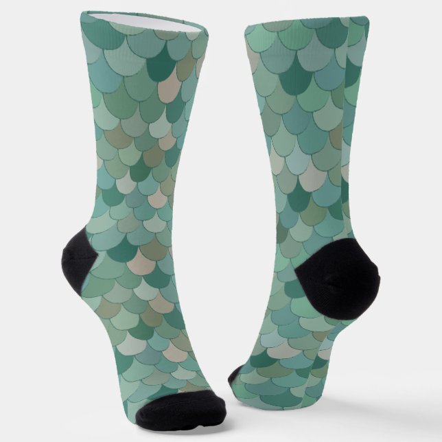 Blue Mermaid Merman Fish Scales Pattern Socks (Angled)