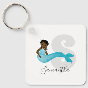 Blue Mermaid Name Monogram Keychain