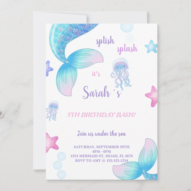 Blue Mermaid Tale Birthday Invitation (Front)