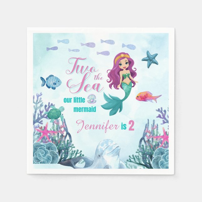Blue Mermaid Two the Sea Girls 2nd Birthday Napkin (Front)