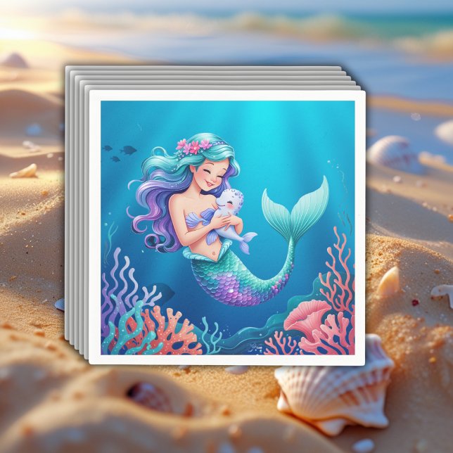 Blue Mermaid Under the Sea Baby Shower Napkin (Creator Uploaded)