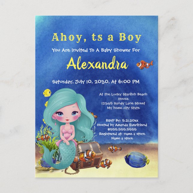 Blue Mermaid Under the Sea Boy Baby Shower Invitation Postcard (Front)