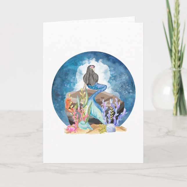 Blue Mermaid Watercolor Greeting Card (Front)