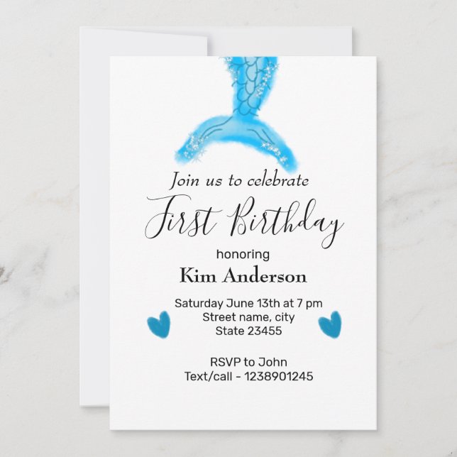 blue mermaid watercolor heart add name birthday ye invitation (Front)