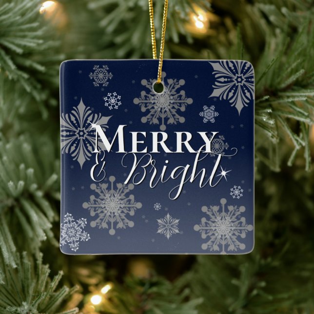 Blue Merry and Bright Snowflakes Christmas Ceramic Ornament (Tree)