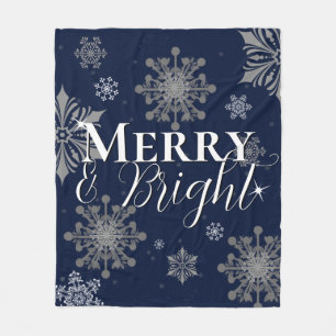 Blue Merry and Bright Snowflakes Christmas Fleece Blanket