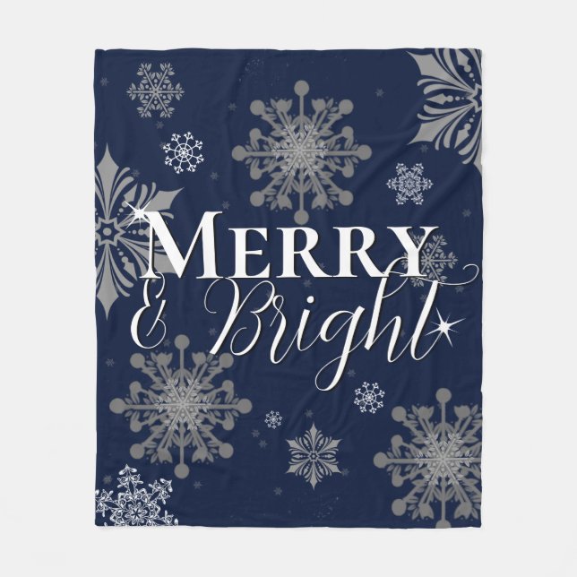 Blue Merry and Bright Snowflakes Christmas Fleece Blanket (Front)