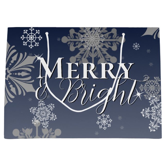Blue Merry and Bright Snowflakes Christmas Large Gift Bag (Front)