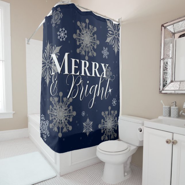 Blue Merry and Bright Snowflakes Christmas Shower Curtain (In Situ)