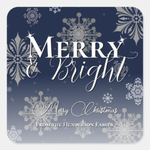 Blue Merry and Bright Snowflakes Christmas Square Sticker