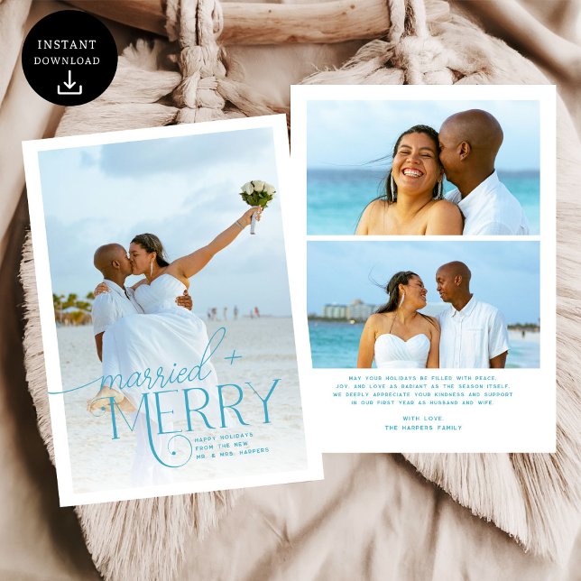 Blue Merry and Married Photo Newlyweds Christmas Holiday Card (Creator Uploaded)