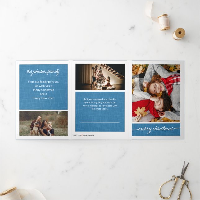 Blue Merry Christmas 5-Photo Family Letter Tri-Fold Holiday Card (Outside)