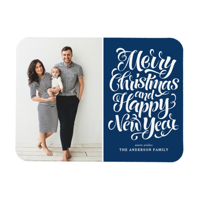 Blue Merry Christmas and Happy New Year Photo Magnet (Horizontal)
