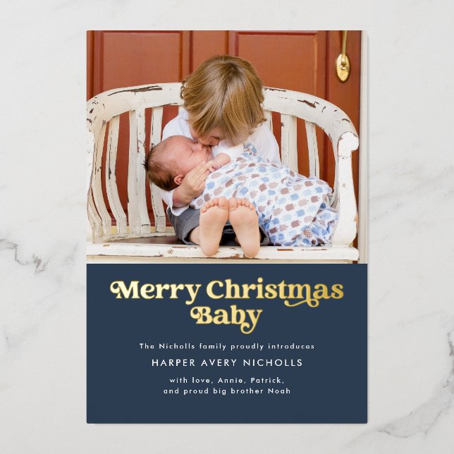 Blue Merry Christmas Baby Foil Birth Announcement (Front)