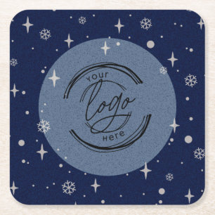 Blue Merry Christmas Business Logo Snowflake Square Paper Coaster