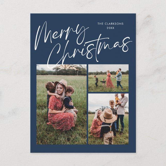 Blue Merry Christmas Calligraphy Script 3 Photo Holiday Postcard (Front)