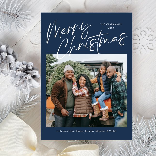 Blue Merry Christmas Calligraphy Script 4 Photo Holiday Card (Creator Uploaded)