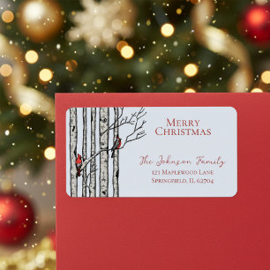 Blue Merry Christmas Cardinals Birch Branches Label
