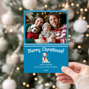 Blue Merry Christmas Dog Family Photo Holiday Card