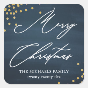 Blue Merry Christmas Elegant Script with Faux Gold Square Sticker