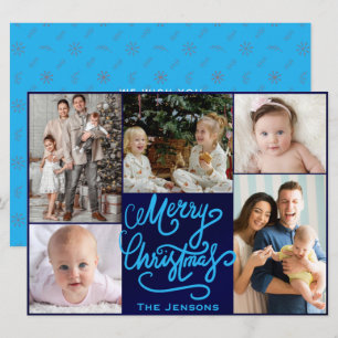 Blue Merry Christmas Five Cute family Photos Holiday Card