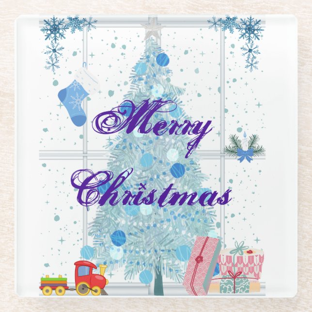 Blue Merry Christmas Glass Coaster (Front)
