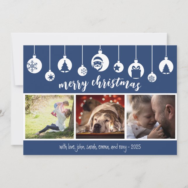 Blue Merry Christmas Hanging Ornament Photo Holiday Card (Front)