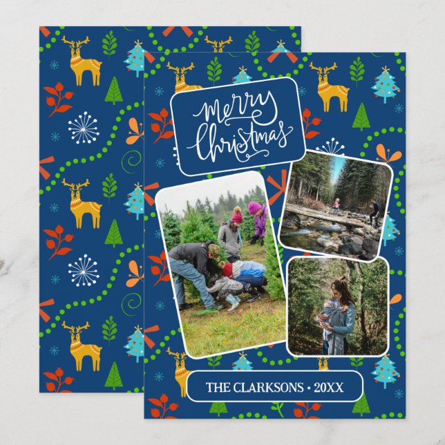 Blue Merry Christmas In The Forest Pattern Photo Holiday Card (Front/Back)