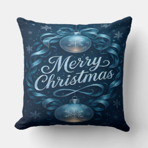 Blue Merry Christmas Ornament Throw Pillow