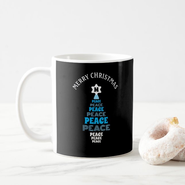 Blue Merry Christmas Peace Tree Single Initial Coffee Mug (With Donut)