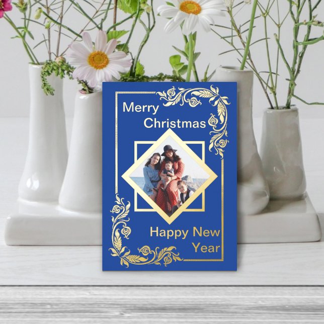 Blue Merry Christmas Photo Happy New Year Foil Holiday Card (Creator Uploaded)
